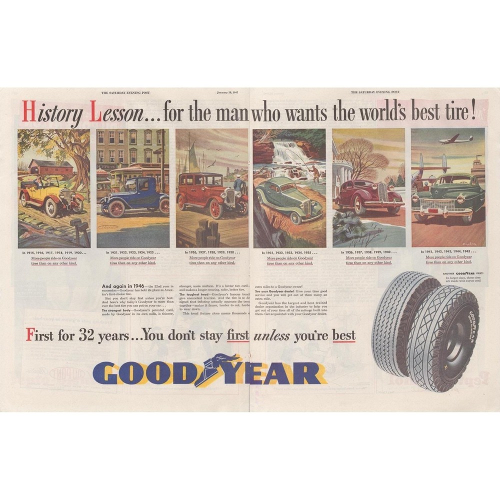 Vintage 1947 Goodyear Tires Print Ad 2-Page Classic Car History Garage Decor